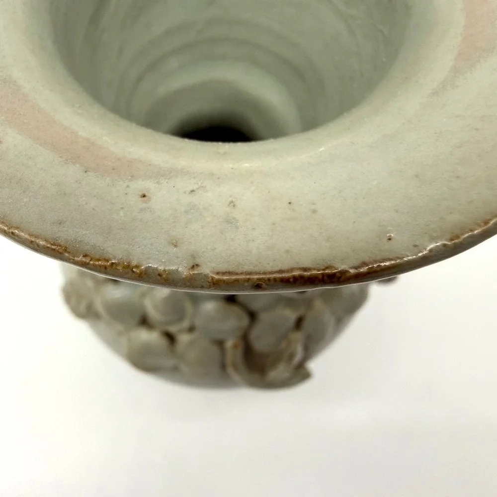 ATQ Pair of Chinese Celadon Crackle Glaze Vases High-Relief Botanical Appliqués
